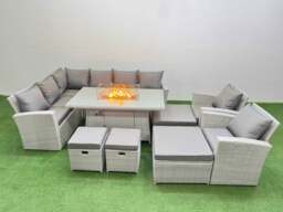 Rackhams Outdoor Furniture Garden Dining Set Rattan Corner Sofa Chair Sets Gas Fire Pit Table with Temper Glass Footstools Light Grey Mixed - thumbnail 2