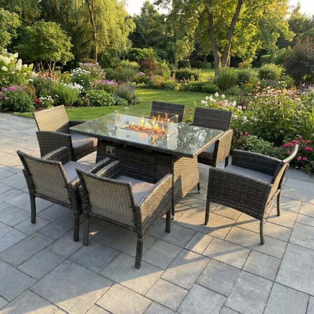 Rackhams 6 Seater Rattan Garden Furniture Set with Gas Fire Pit Table and 6 Dining Chairs - Dark Grey Mixed - image 1