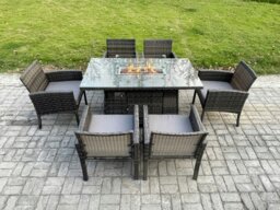 Rackhams 6 Seater Rattan Garden Furniture Set with Gas Fire Pit Table and 6 Dining Chairs - Dark Grey Mixed - thumbnail 3