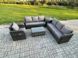 Rackhams 7-Seater Rattan Garden Sofa Set - Dark Grey Mixed Outdoor Patio Table & Chairs Set with 3-Seater Sofa & Reclining Chair - thumbnail 2