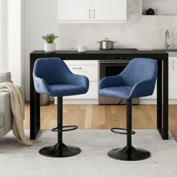 Rackhams Set of 2 Adjustable Swivel Bar Stools with Backrest & Armrests – Faux Leather Blue Chairs