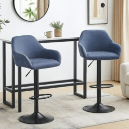 Rackhams Set of 2 Adjustable Swivel Bar Stools with Backrest & Armrests – Faux Leather Blue Chairs - thumbnail 2
