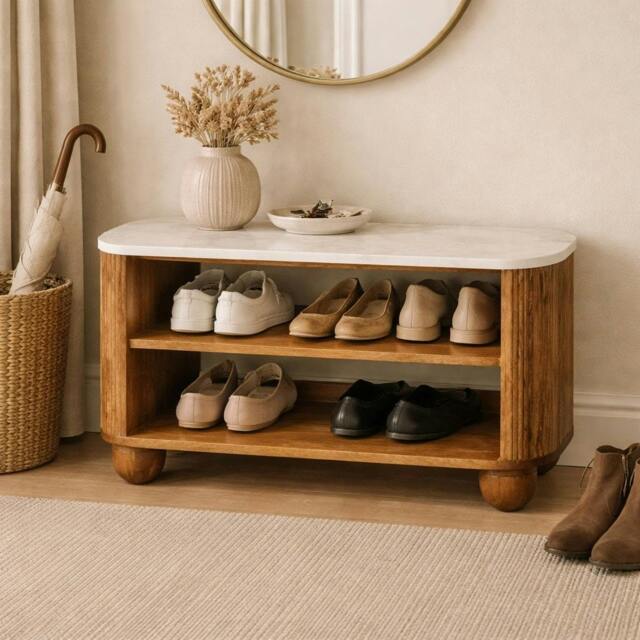 Rackhams Solid Wood Beaumont Marble Shoe Bench, 2 Shelves, Brown - image 1