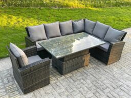 Rackhams High Back PE Rattan Corner Sofa Set Garden Furniture Adjustable Rising Lifting Table Set With Armchair - thumbnail 3
