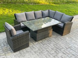 Rackhams High Back PE Rattan Corner Sofa Set Garden Furniture Adjustable Rising Lifting Table Set With Armchair - thumbnail 1