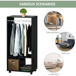 Rackhams Open Wardrobe on Wheels, Bedroom Wardrobe with Clothes Hanging Rail, 2 Storage Shelves, Mobile Garment Rack for Cloakroom, Hallway, Black - thumbnail 6