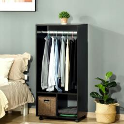 Rackhams Open Wardrobe on Wheels, Bedroom Wardrobe with Clothes Hanging Rail, 2 Storage Shelves, Mobile Garment Rack for Cloakroom, Hallway, Black - thumbnail 2