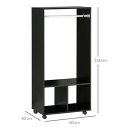 Rackhams Open Wardrobe on Wheels, Bedroom Wardrobe with Clothes Hanging Rail, 2 Storage Shelves, Mobile Garment Rack for Cloakroom, Hallway, Black - thumbnail 3