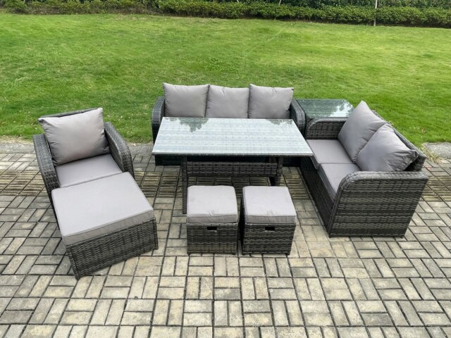 Rackhams 8 Piece Rattan Garden Furniture Set with Patio Sofa Rectangular Dining Table Side Table 3 Small Footstools Indoor Conservatory Patio Set - image 1