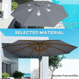 Rackhams Wooden Garden Parasol with Rope Pulley Mechanism - Dark Grey - Dark Grey - 300cm x 300cm x 250cm - thumbnail 3