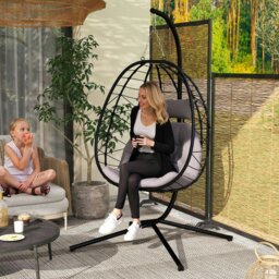 Rackhams Garden Egg Chair Outdoor Hanging Swing Chair, Folding Basket, Grey - Grey - thumbnail 1