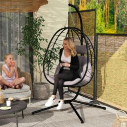 Rackhams Garden Egg Chair Outdoor Hanging Swing Chair, Folding Basket, Grey - Grey - thumbnail 1