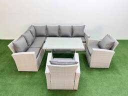 Rackhams Garden Outdoor Rattan Furniture Set Rattan Corner Sofa Oblong Dining Table with 2 Armchairs Light Grey Mixed 8 Seater - thumbnail 1