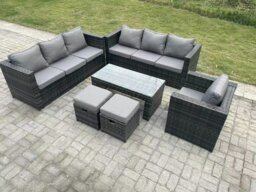 Rackhams Outdoor Rattan Garden Furniture Lounge Sofa Set With Oblong Rectagular Coffee Table Arm Chair 2 Stools - thumbnail 1