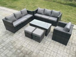 Rackhams Outdoor Rattan Garden Furniture Lounge Sofa Set With Oblong Rectagular Coffee Table Arm Chair 2 Stools - thumbnail 2