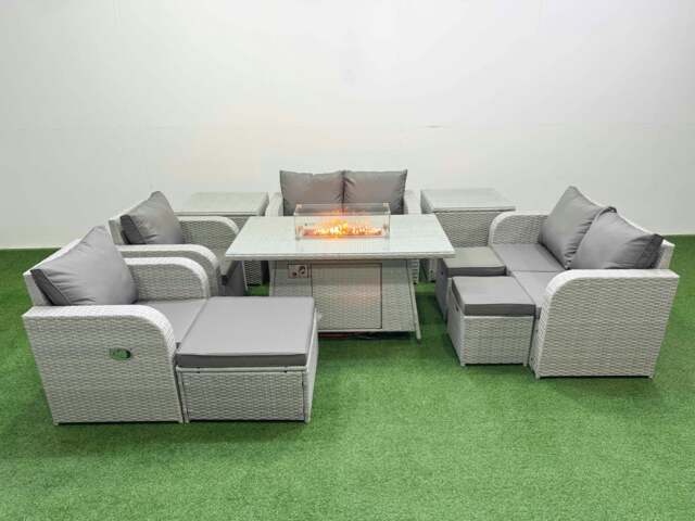 Rackhams 9 Seater Outdoor Reclining Chair Love Sofa Set Rattan Garden Furniture Set with Fire Pit Dining Table 3 Stools 2 Side Table Light Grey - image 1