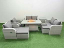 Rackhams 9 Seater Outdoor Reclining Chair Love Sofa Set Rattan Garden Furniture Set with Fire Pit Dining Table 3 Stools 2 Side Table Light Grey - thumbnail 1