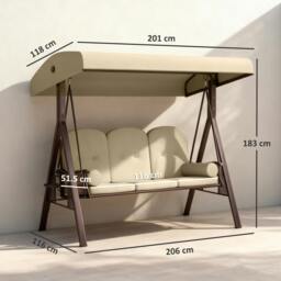 Rackhams 3 Seater Garden Swing Chair Patio Swing Bench w/ Cup Trays Brown - Brown - Metal, Polyester - 1 - thumbnail 3