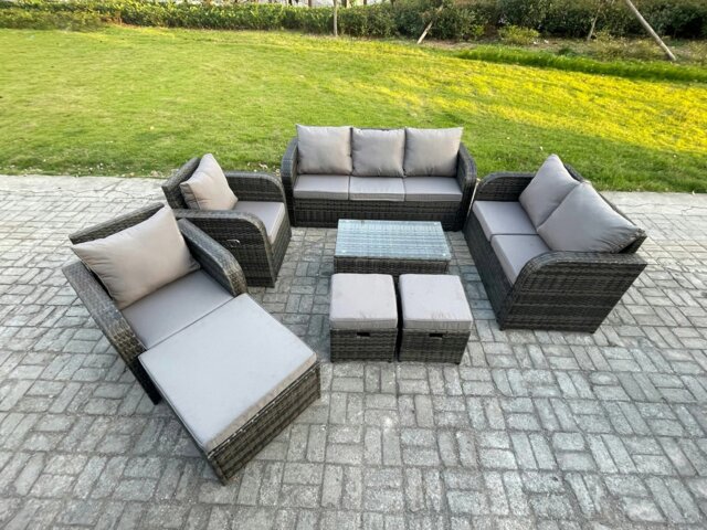 Rackhams 10-Seater Wicker Rattan Outdoor Sofa Set - Rectangular Coffee Table, Reclining Chair, Loveseat, 3 Footstools - Dark Grey - image 1