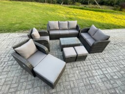 Rackhams 10-Seater Wicker Rattan Outdoor Sofa Set - Rectangular Coffee Table, Reclining Chair, Loveseat, 3 Footstools - Dark Grey - thumbnail 2