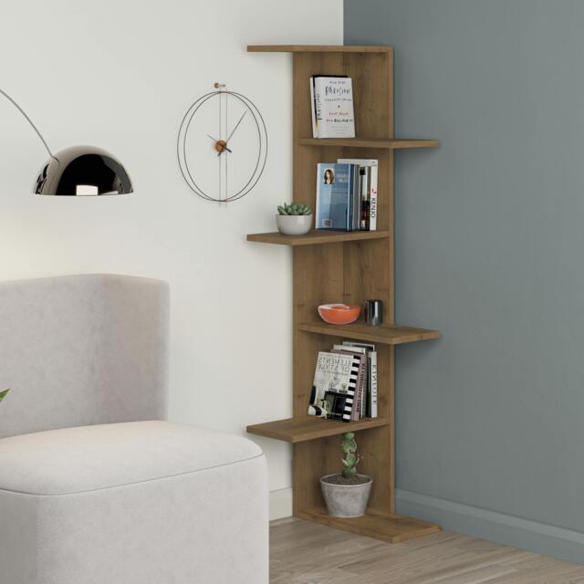 Rackhams Saso Modern Corner Bookcase Display Unit Medium 141(H)cm - Dark Oak Effect - image 1
