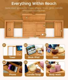 Rackhams Extendable Bamboo Bath Tray, Adjustable Wooden Bathtub Caddy with Book, Tablet, Phone and Wine Glass Holder - Natural Bamboo - thumbnail 6