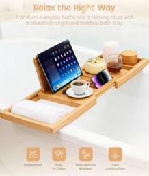 Rackhams Extendable Bamboo Bath Tray, Adjustable Wooden Bathtub Caddy with Book, Tablet, Phone and Wine Glass Holder - Natural Bamboo - thumbnail 3