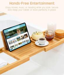 Rackhams Extendable Bamboo Bath Tray, Adjustable Wooden Bathtub Caddy with Book, Tablet, Phone and Wine Glass Holder - Natural Bamboo - thumbnail 5