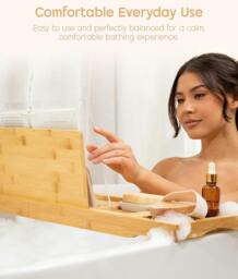 Rackhams Extendable Bamboo Bath Tray, Adjustable Wooden Bathtub Caddy with Book, Tablet, Phone and Wine Glass Holder - Natural Bamboo - thumbnail 4