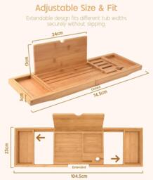 Rackhams Extendable Bamboo Bath Tray, Adjustable Wooden Bathtub Caddy with Book, Tablet, Phone and Wine Glass Holder - Natural Bamboo - thumbnail 2