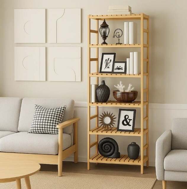 Rackhams 6-Tier Bamboo Bookshelf, Adjustable Free Standing Shelf Unit for Kitchen, Bathroom, or Living Room - image 1