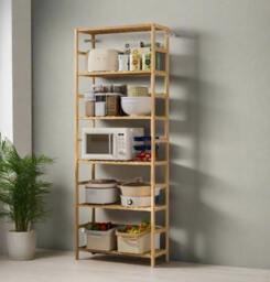Rackhams 6-Tier Bamboo Bookshelf, Adjustable Free Standing Shelf Unit for Kitchen, Bathroom, or Living Room - thumbnail 3