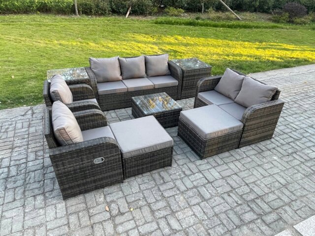 Rackhams Rattan Garden Furniture 9 Piece Patio Set Table Sofa Chairs With 2 Big Footstool 2 Side Tables - image 1