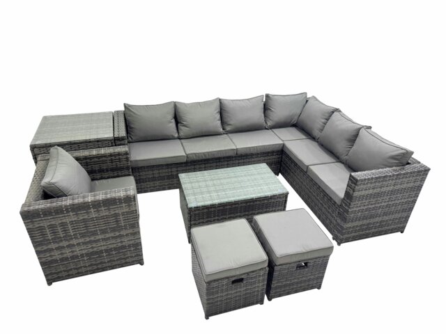 Rackhams Patio Sofa Oblong Coffee Table Set Rattan Garden Furniture Set with Chair Side Table Dark Grey Mixed - image 1