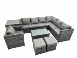 Rackhams Patio Sofa Oblong Coffee Table Set Rattan Garden Furniture Set with Chair Side Table Dark Grey Mixed - thumbnail 1