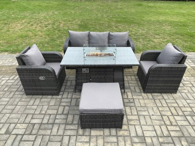 Rackhams Patio Outdoor Rattan Garden Furniture Set Propane Gas Fire Pit Table Burner with Lounge Sofa Footstool - image 1