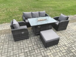 Rackhams Patio Outdoor Rattan Garden Furniture Set Propane Gas Fire Pit Table Burner with Lounge Sofa Footstool - thumbnail 2
