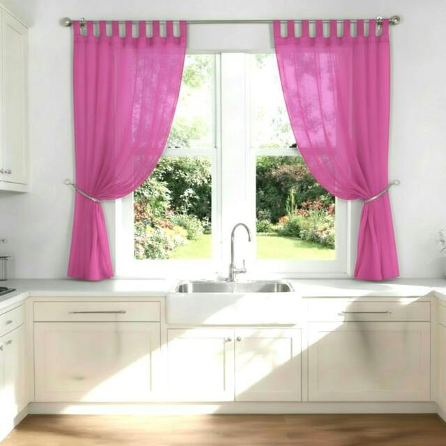 Rackhams Voile Tab Top Curtain Pair with Crystal Tie Backs Sheer Window Panels - Cerise - 150cm width x 122cm drop - image 1