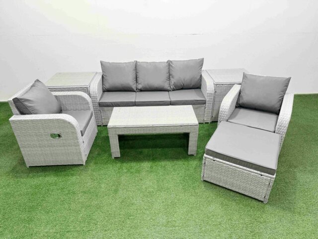 Rackhams PE Rattan Garden Furniture Set Reclining Chair Sofa Lounge Sofa Set Rectangular Coffee Table 2 Side Table Big Footstool Light Grey - image 1
