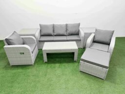 Rackhams PE Rattan Garden Furniture Set Reclining Chair Sofa Lounge Sofa Set Rectangular Coffee Table 2 Side Table Big Footstool Light Grey - thumbnail 1