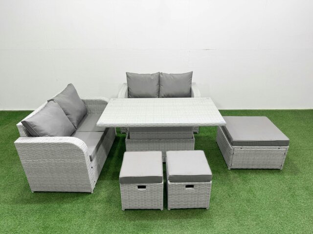 Rackhams 7 Seater Outdoor Love Sofa Set Rattan Garden Furniture Set with Adjustable Lifting Dining or Coffee Table 3 Footstool Light Grey - image 1