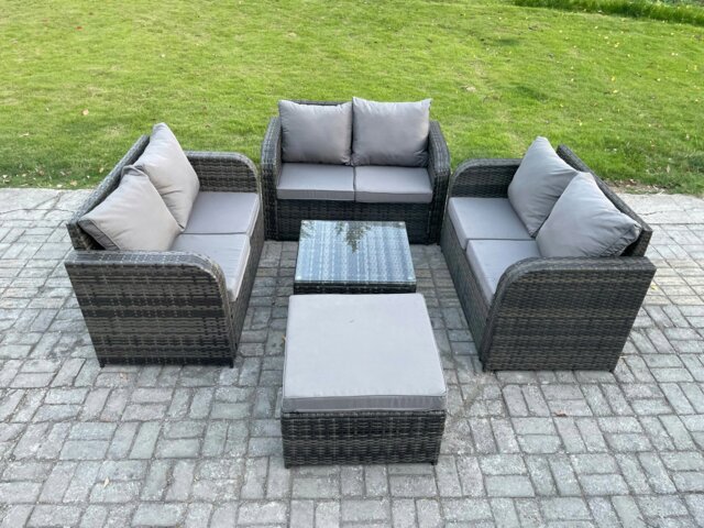 Rackhams Outdoor Garden Furniture Sets 7 Seater Wicker Rattan Furniture Sofa Sets with Square Coffee Table Love seat Sofa Big Footstool - image 1