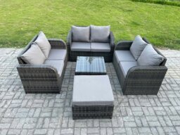Rackhams Outdoor Garden Furniture Sets 7 Seater Wicker Rattan Furniture Sofa Sets with Square Coffee Table Love seat Sofa Big Footstool