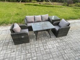 Rackhams Rattan Wicker Garden Furniture Patio Conservatory Sofa Set with Rectangular Dining Table Reclining Chair 3 Seater Sofa Side Table