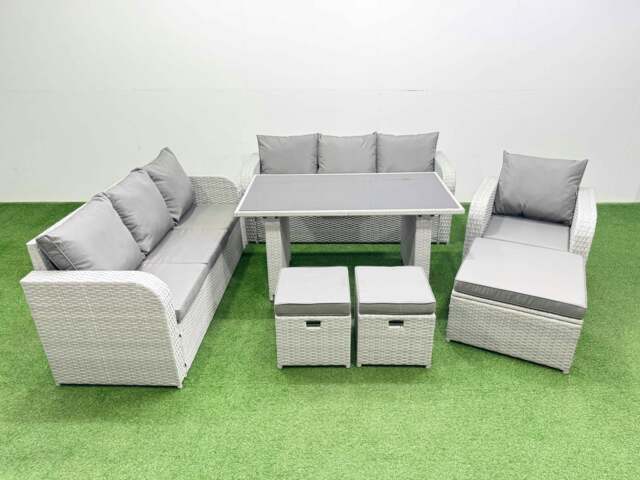 Rackhams Rattan Garden Furniture Dining Set 10 seater Patio Rectangular Table Sofa Set with 3 Stools Light Grey - image 1