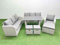 Rackhams Rattan Garden Furniture Dining Set 10 seater Patio Rectangular Table Sofa Set with 3 Stools Light Grey - thumbnail 1