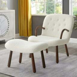 Rackhams Modern White Lamb Wool Armchair with Ottoman Set Lounge Chair with Footstool