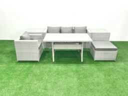 Rackhams Rattan Garden Furniture Dining Set 5 Seater Lounge Sofa Chair Dining Table Set with Big Footstool Light Grey Mixed - thumbnail 1