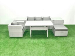 Rackhams Rattan Garden Furniture Dining Set 5 Seater Lounge Sofa Chair Dining Table Set with Big Footstool Light Grey Mixed - thumbnail 2