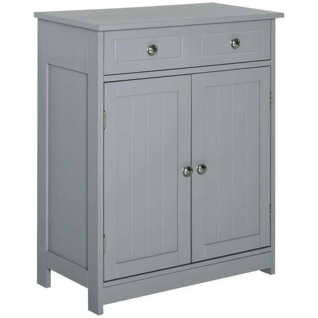 Rackhams 75x60cm Freestanding Bathroom Storage Cabinet Unit w/ 2 Drawers Cupboard Adjustable Shelf Metal Handles Traditional Style Grey - image 1